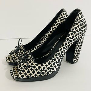 Coach Women's Corey Open Toe Pumps Heels Shoes Size 1OB Black/White W/Front Tie